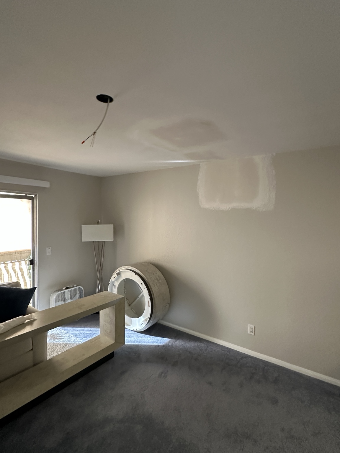 Ceiling and wall drywall patches after fan wiring