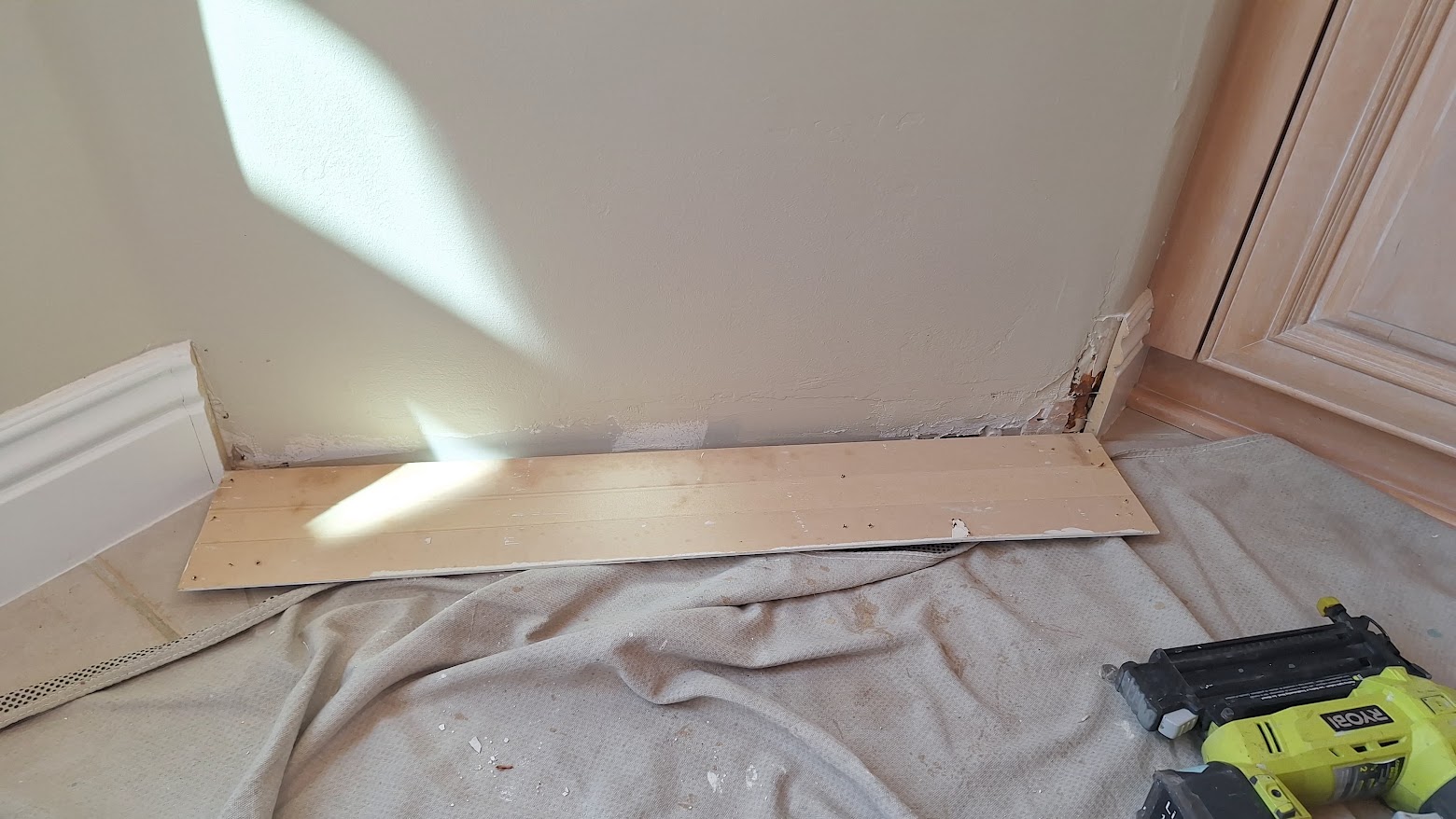 Baseboard removed from an interior wall during a Rancho Santa Fe repair